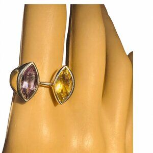 Citrine & Amethyst Gemstones 925 Silver Vintage Bypass Ring Size 7.75